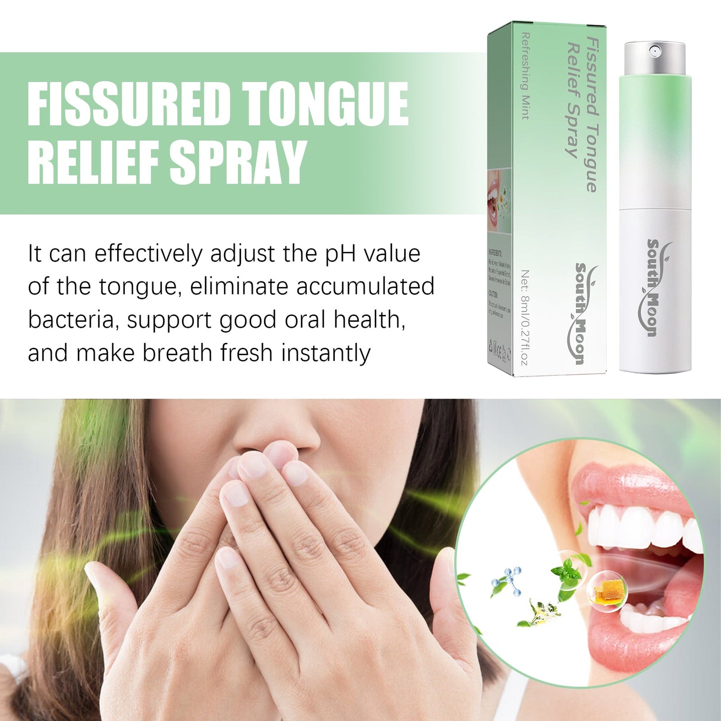 South Moon Cracked Tongue Relief Spray Relieves tongue cracks, freshens breath, and eliminates bad odor oral spray