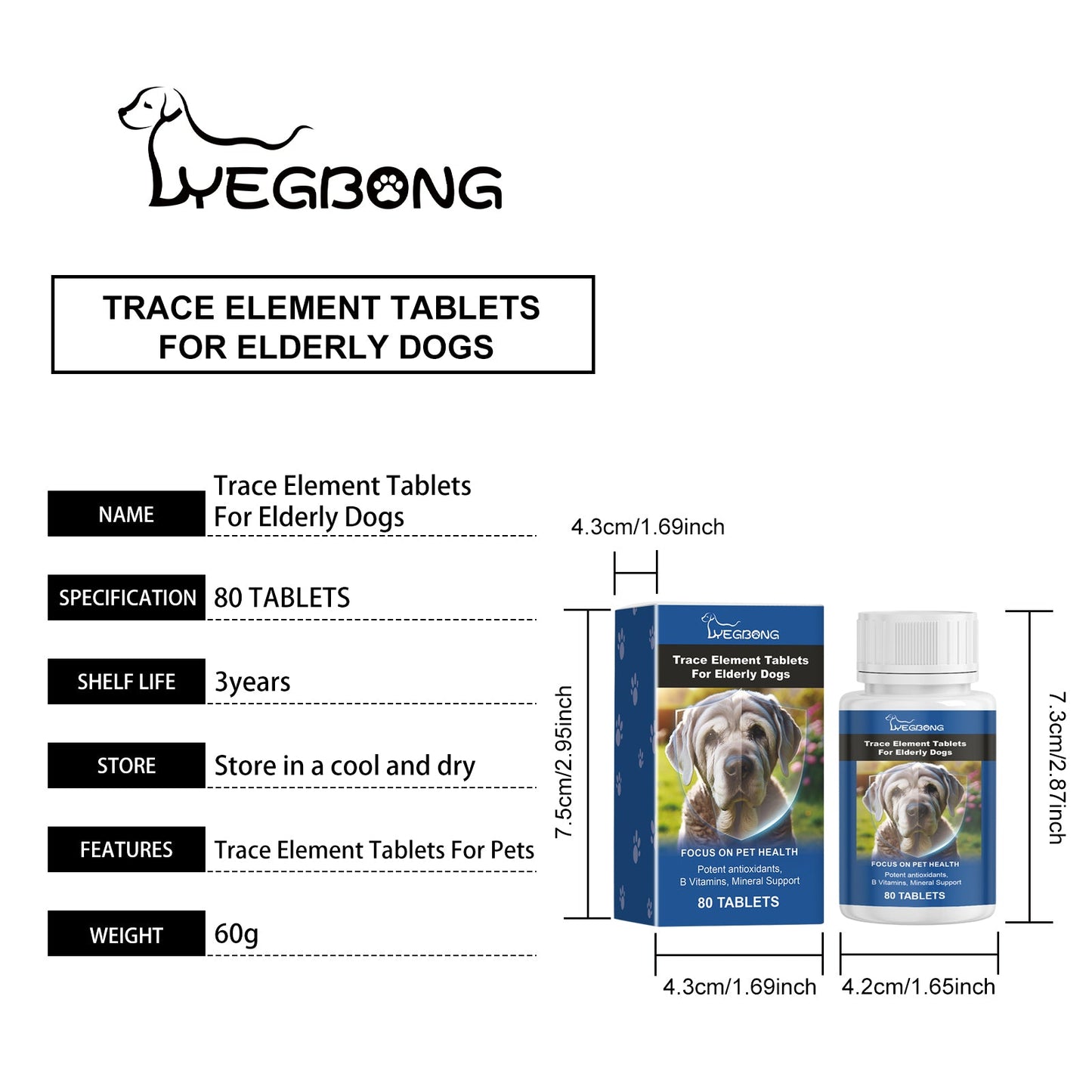 Yegbong Trace element tablets for elderly dogs Nerve-stimulating calcium supplement for overall health and care for elderly dogs