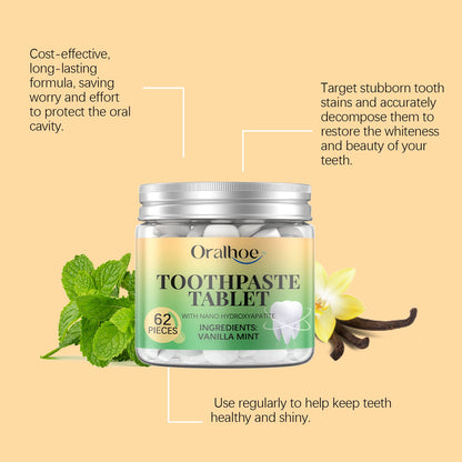 Oralhoe Vanilla Mint Toothpaste Tablets Cleans dental stains, protects oral health, freshens breath, portable dental cleaning tablets