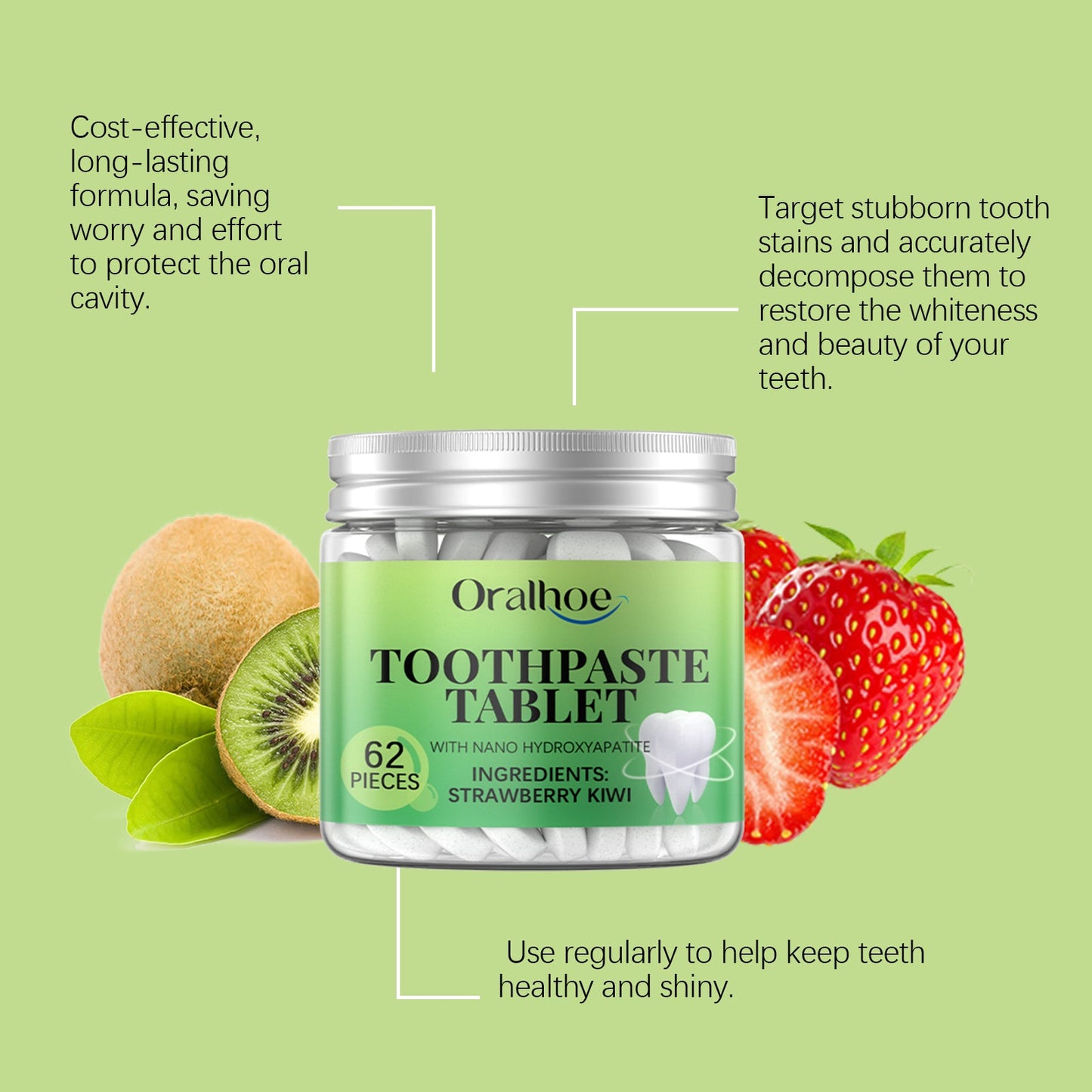 Oralhoe Whitening Toothpaste Tablets Strawberry and kiwi fresh breath toothpaste for cleaning dental plaque and protecting teeth