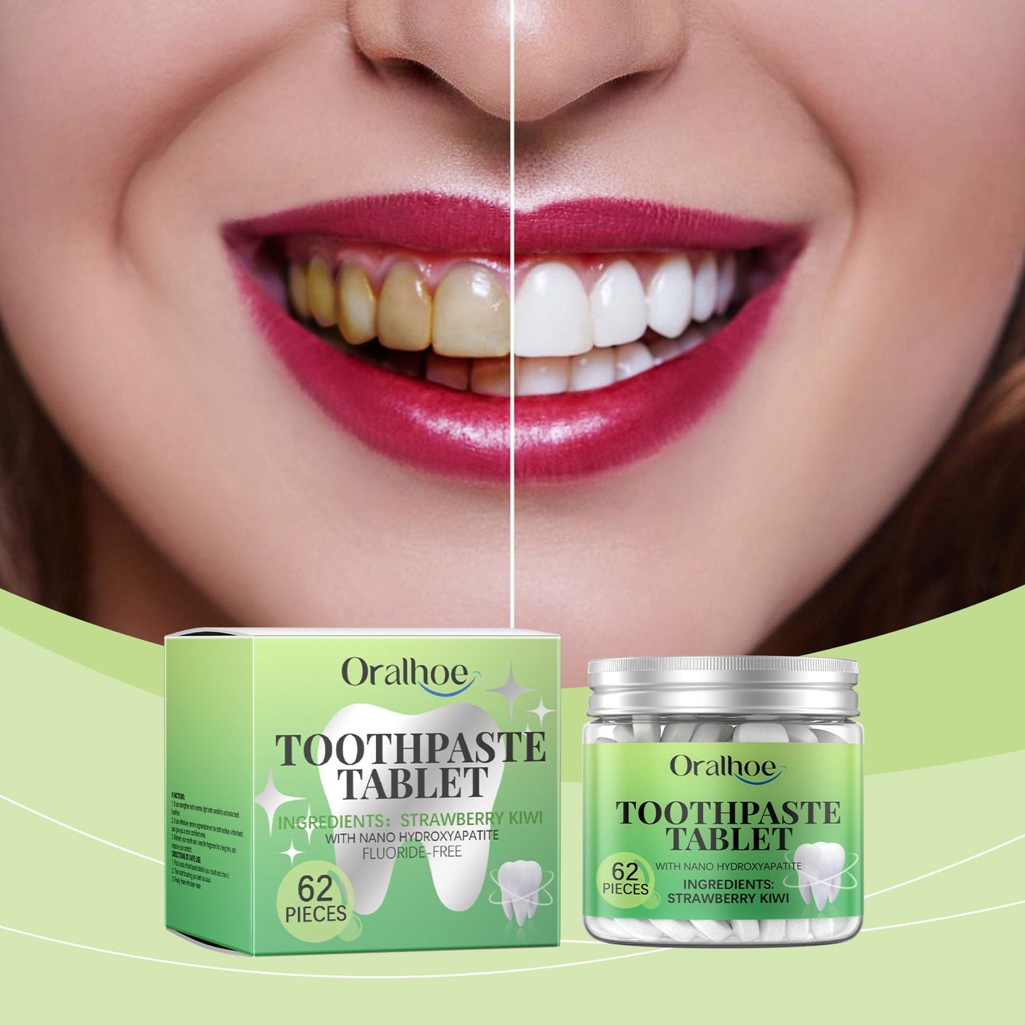 Oralhoe Whitening Toothpaste Tablets Strawberry and kiwi fresh breath toothpaste for cleaning dental plaque and protecting teeth