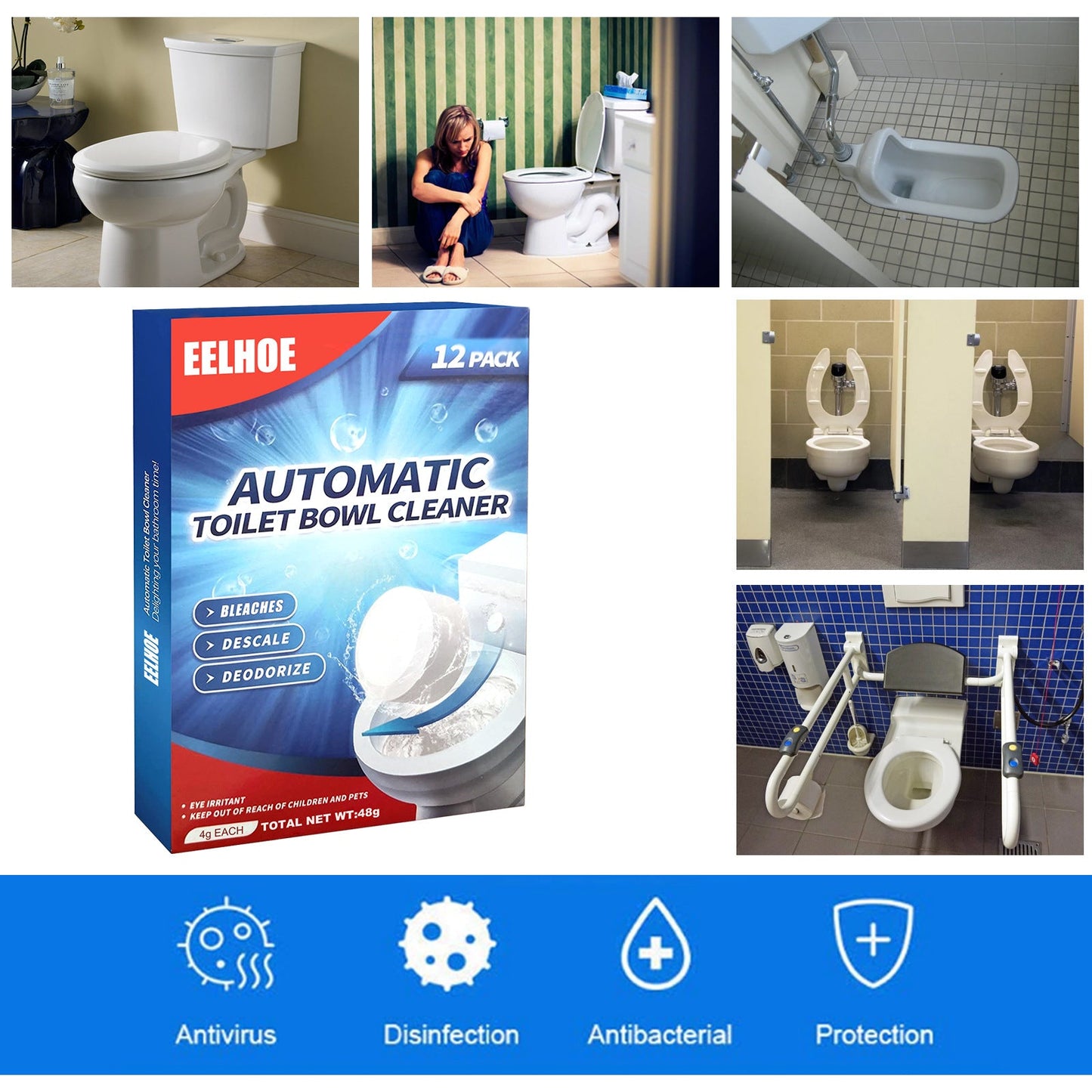 EELHOE Toilet cleaning effervescent tablets Bathroom toilet descaling, decontamination, deodorization, multi-effect odor removal, and freshness