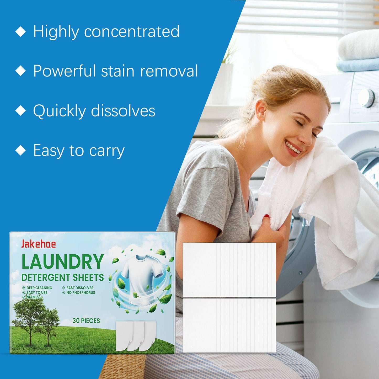 Jakehoe Laundry tablets Convenient household laundry sheets for cleaning and stain removal, protecting fabrics and leaving a long-lasting fragrance