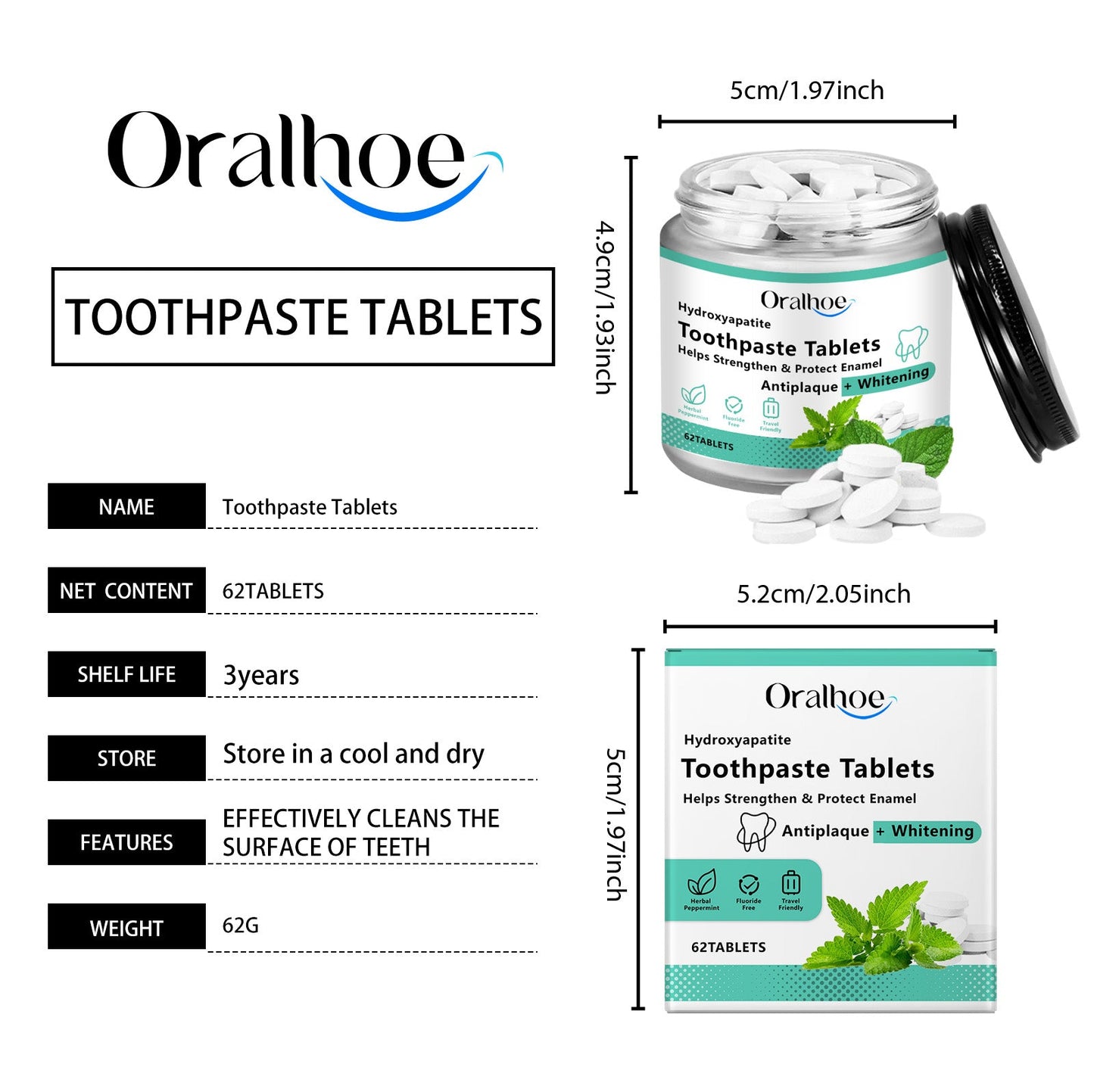Oralhoe Mint Whitening Toothpaste Tablets Oral odor remover, breath freshener, portable toothpaste chewable tablets