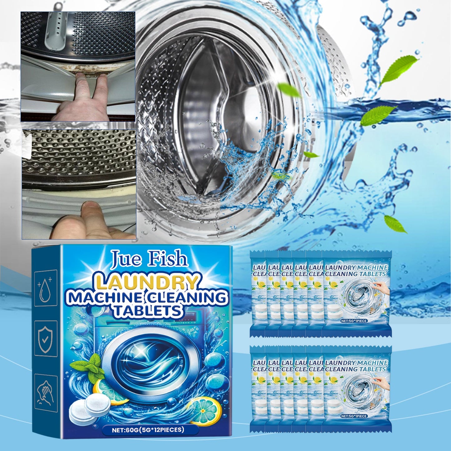 Jue-Fish Washing machine cleaning tablets Washing machine tank stain remover, dirt cleaner, odor eliminator, effervescent tablets