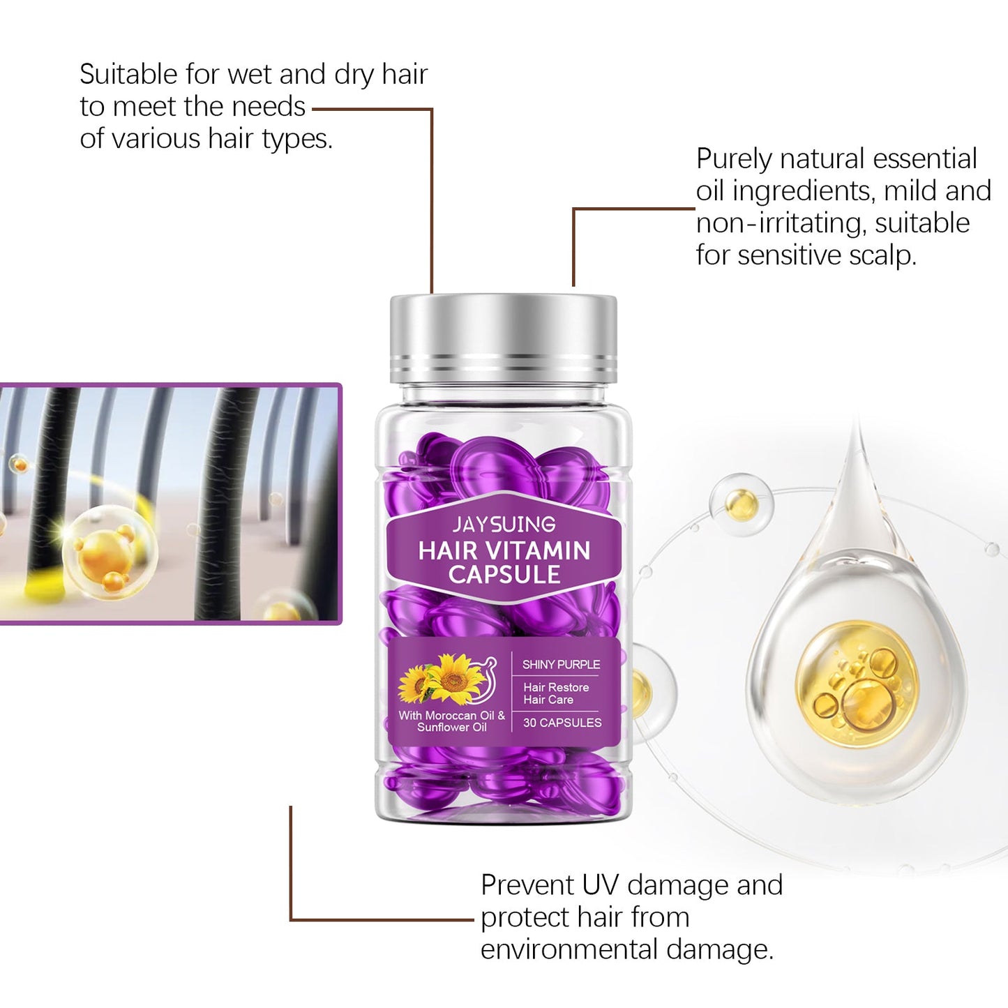 Jaysuing Hair Care Essential Oil Capsules Hair Smoothing Care to Improve Dryness and Frizz, Hair Care Essential Oil