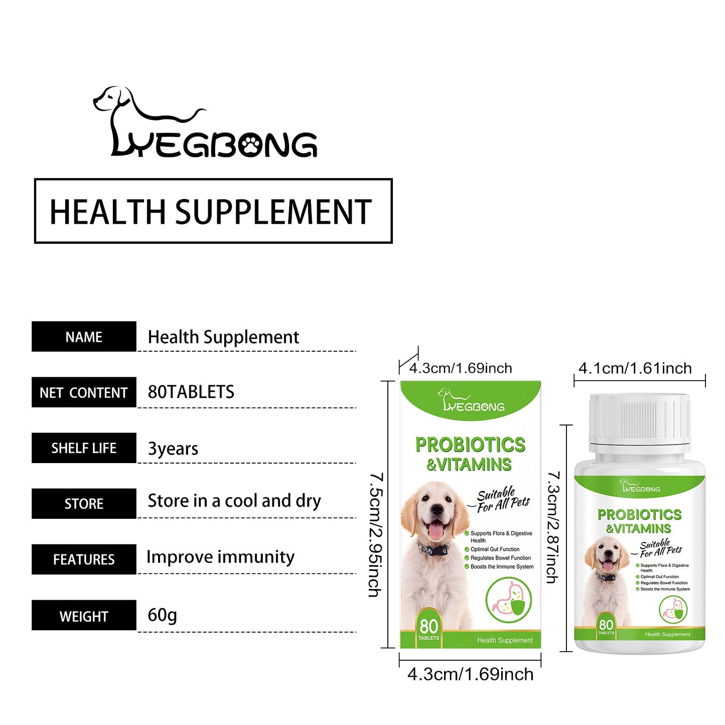 Yegbong Pet Probiotic Tablets Improves intestinal health, promotes nutrient absorption, pet care supplement
