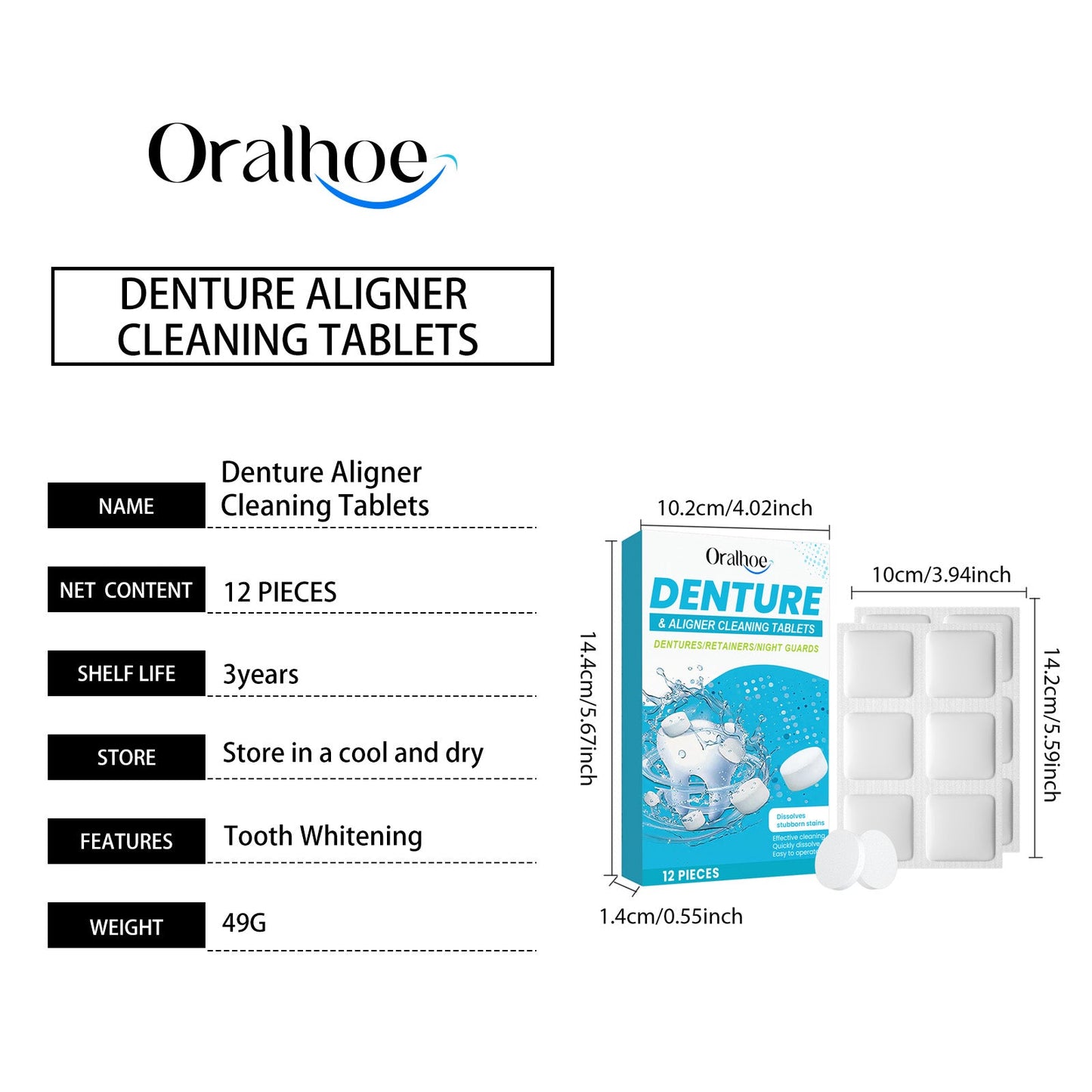 Oralhoe Denture cleaning effervescent tablets Cleans corner impurities, maintains comfort of wear, and provides dental hygiene care