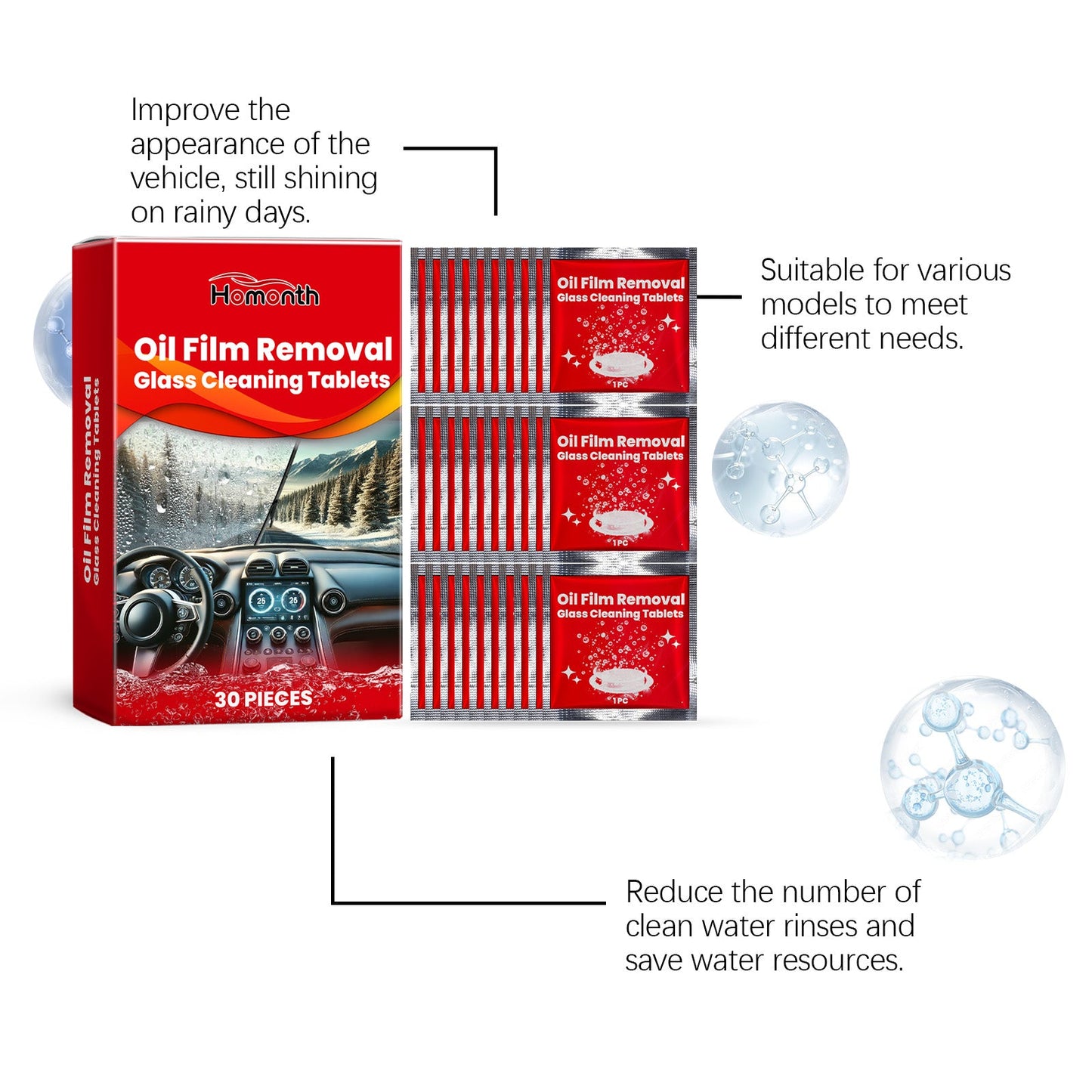 Homonth Car windshield effervescent tablets, car window rainproof, waterproof, anti-fog, cleaning car glass effervescent tablets