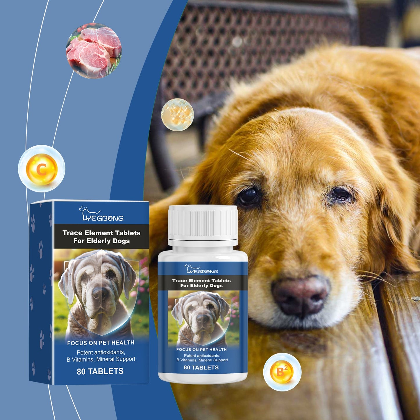 Yegbong Trace element tablets for elderly dogs Nerve-stimulating calcium supplement for overall health and care for elderly dogs