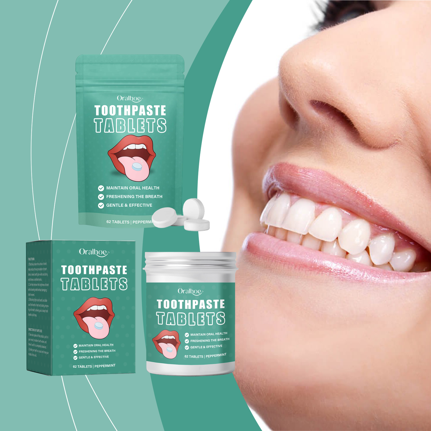 Oralhoe Cleaning toothpaste tablets Convenient, fresh, cleans teeth stains and yellowing, reduces bad odor, provides long-lasting protection
