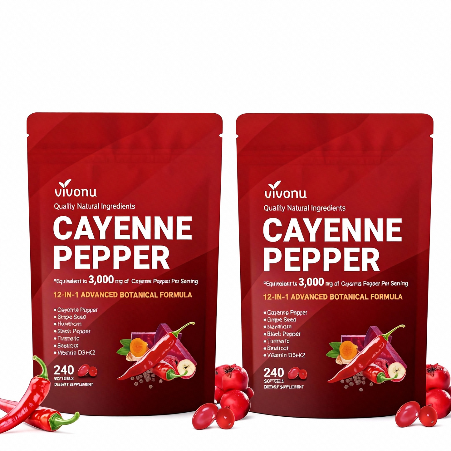 Cayenne Pepper Softgels Supplement, Supports Leg Vein, Heart and Blood Vessel Health, with Vitamin E D3+K2 and Extracts of Grape Seed, Hawthorn, Beetroot, Berberine and Others(240 Softgels/1 Bag)