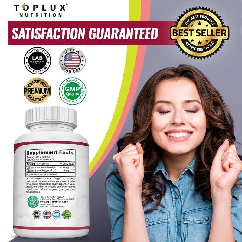 '-TopLux Organic Beet Root 2040mg –90Tablets – Energy, Circulation & Antioxidant
