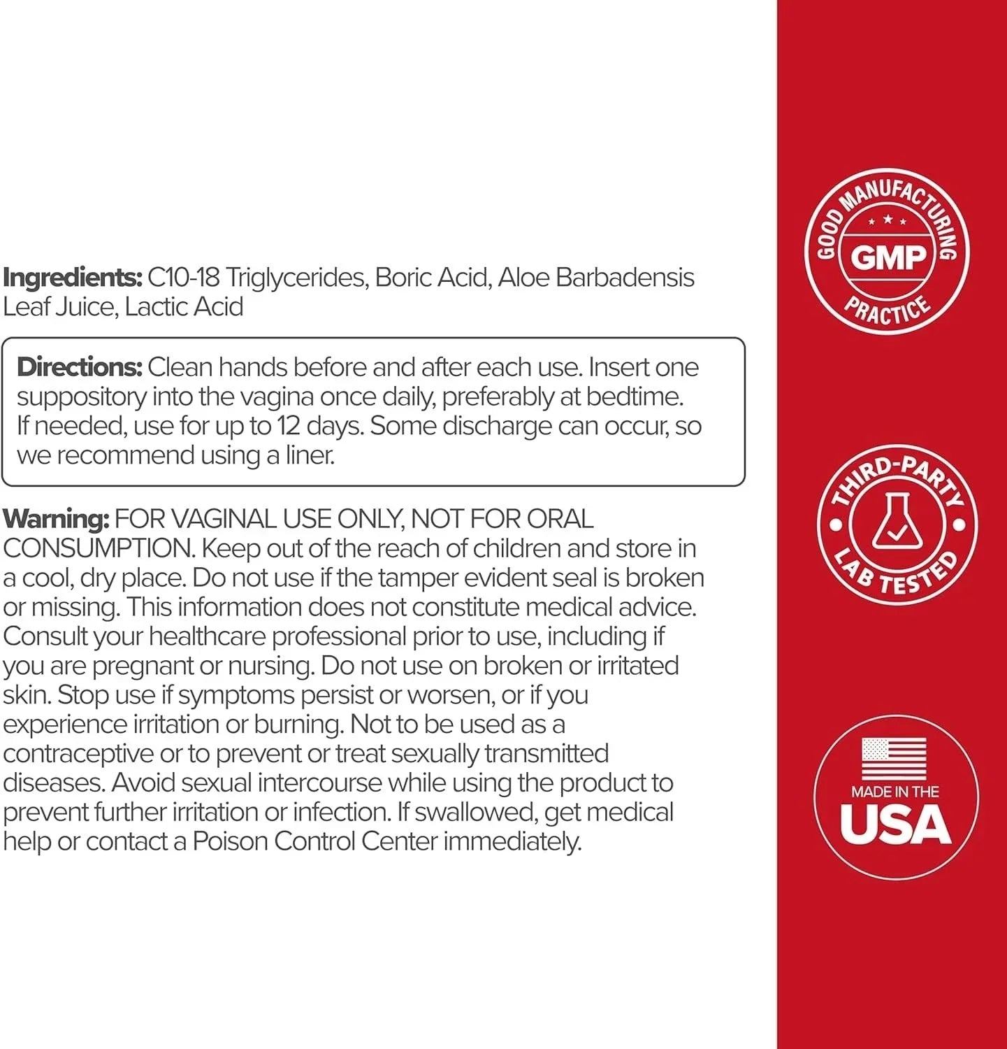 Boric Acid Vaginal Suppository – with Lactic Acid, and Aloe for Fast Relief and