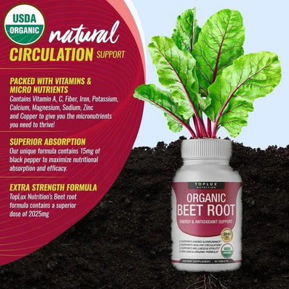 '-TopLux Organic Beet Root 2040mg –90Tablets – Energy, Circulation & Antioxidant